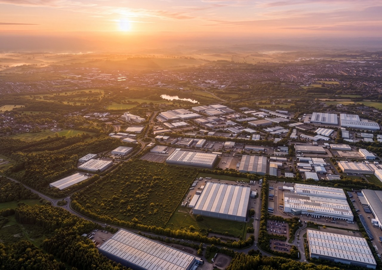 Aerial view at sunrise over Brackmills Industrial Estate, Northampton. Brackmills 195 is outlined in white, with its yard to one side; neighbouring occupiers are labelled: GXO, J&J Global Fulfilment, Stanley Black & Decker, DHL, DSV and Travis Perkins. The A45 runs across the estate's northern edge, a 2-minute drive from the unit